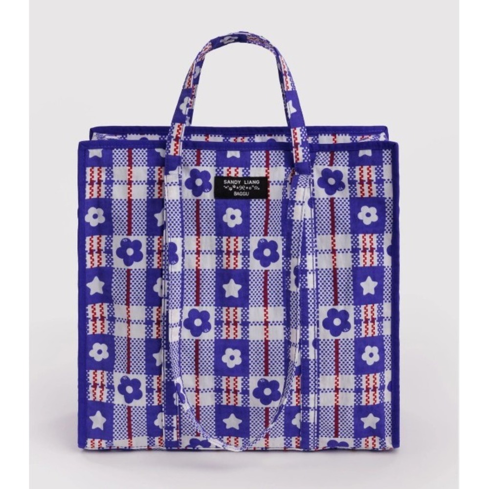 NWT Sandy Liang x Baggu Large Nylon Tote Market Plaid Blue